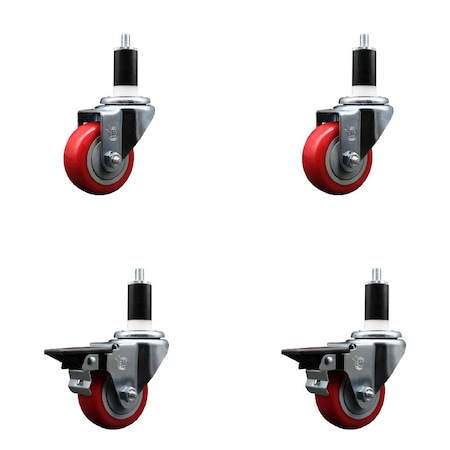 Service Caster 3'' Red Poly Wheel Swivel 1-3/8'' Expanding Stem Caster Set 2 Brakes, 4PK SCC-EX20S314-PPUB-RED-2-PLB-2-138